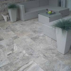 Naturstein Platte Travertin grau/weiß silber